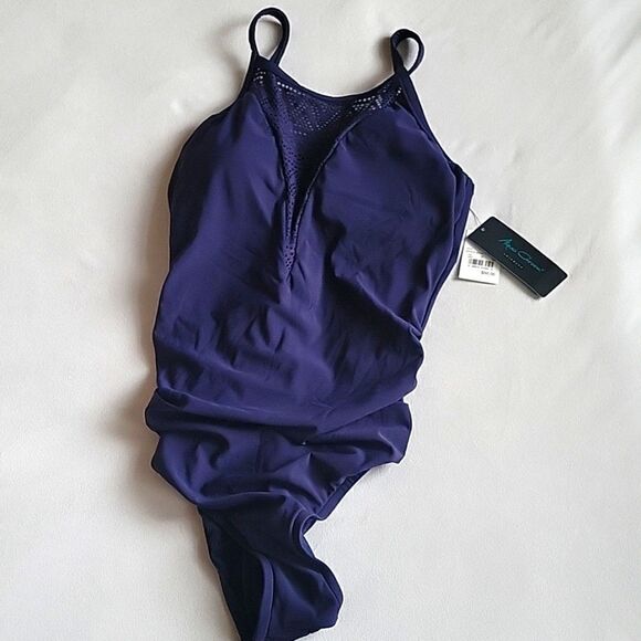Women's UPF 50 Waist Detail Over The Shoulder One Piece Swimsuit - Aqua Green Blue XL